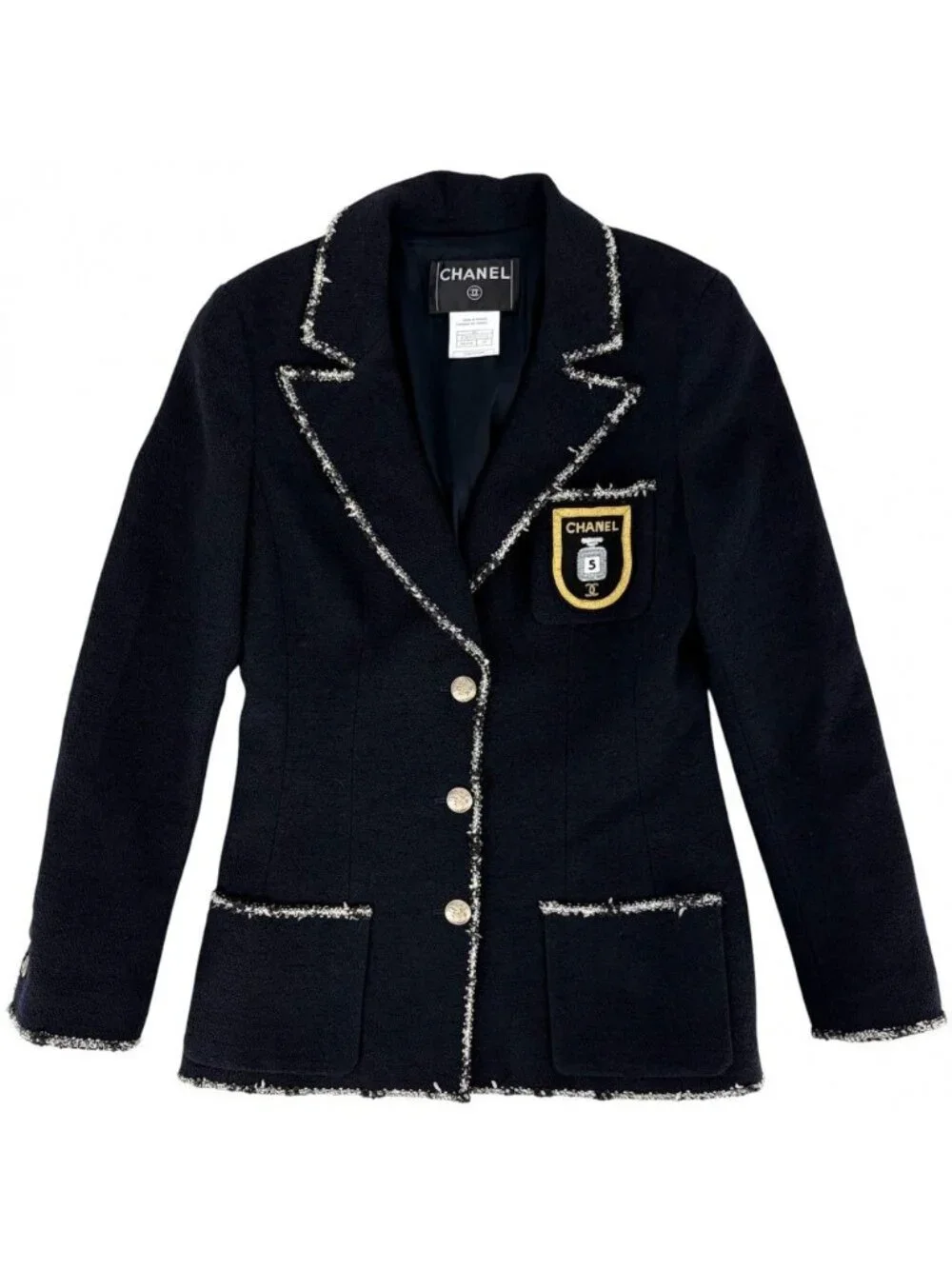 Chanel Tailored Jacket CC Logo Emblem 38 Navy Wool Cotton Spring Autumn